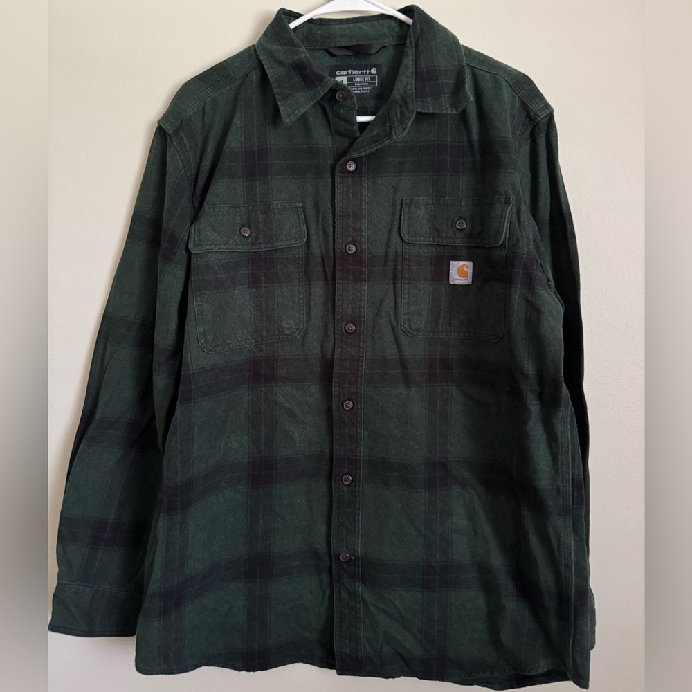 Carhartt Loose Fit Heavyweight Flannel Long-Sleeve Plaid Shirt - Green and Black